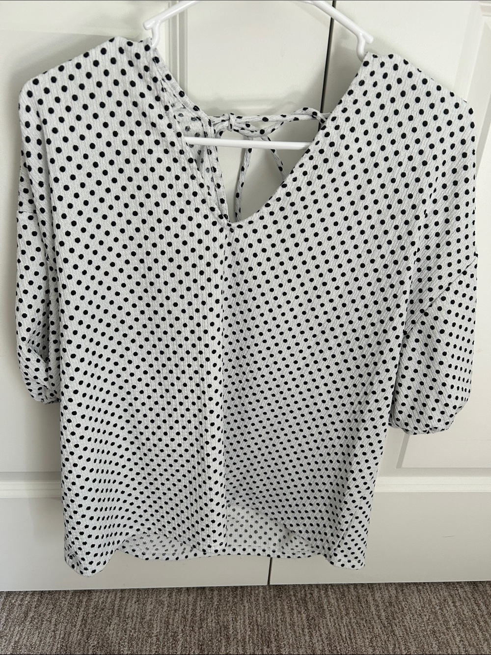 LOFT White Blouse with Black Polka Dots and Tie-Back